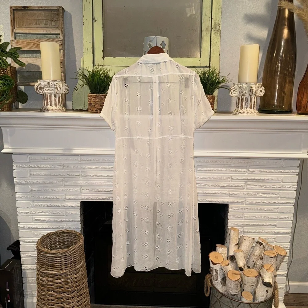 Sandro Ricarda White Eyelet Chiffon Zip Front Sheer Midi Dress Collared Small - Picture 11 of 11